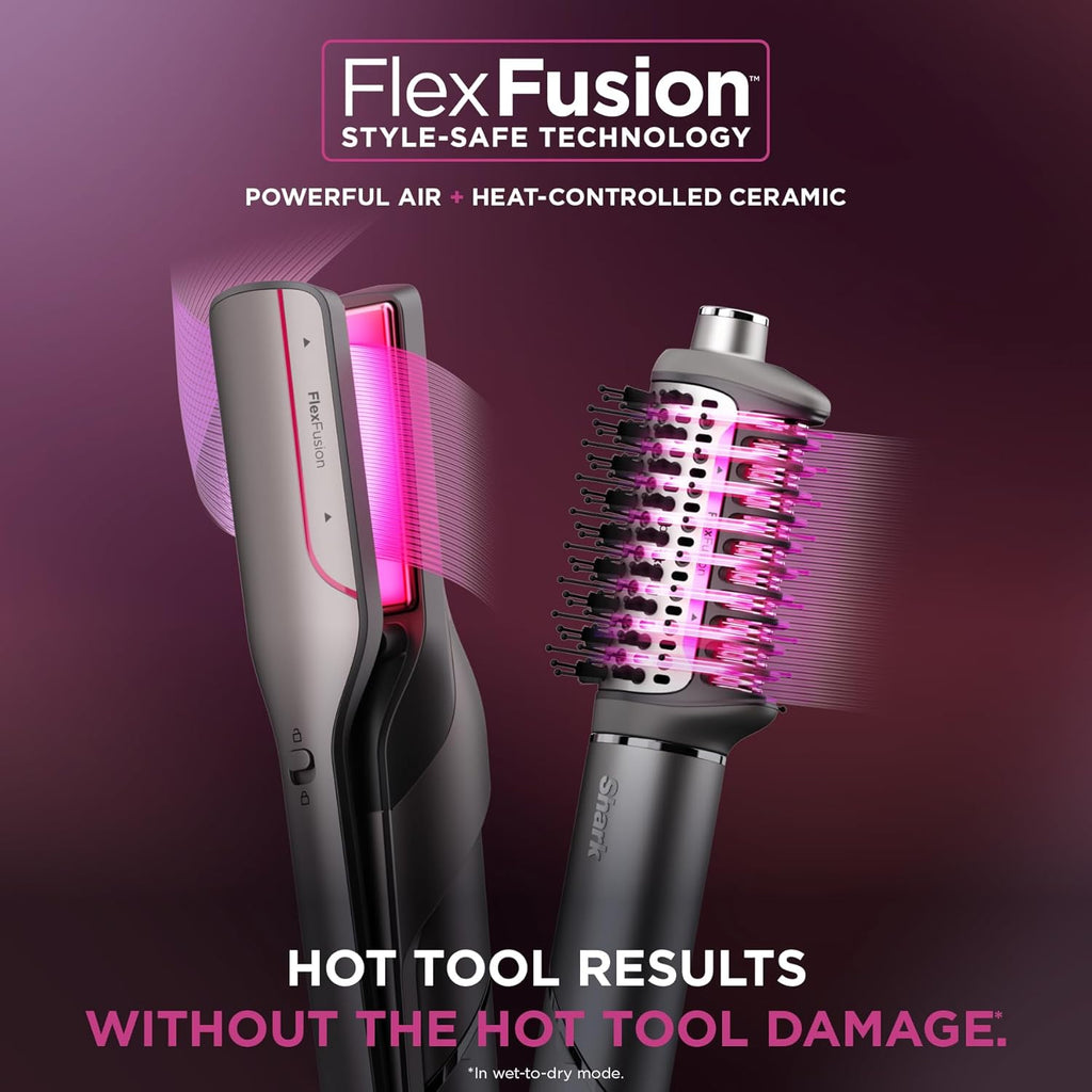 Shark Flex Fusion Hair Straightener & Powerful Hair Dryer with Fusion Hair Brush, Air Styler with Auto-Wrap Hair Curlers, Concentrator, & Frizz Fighter, Metallic Mist, HD651S