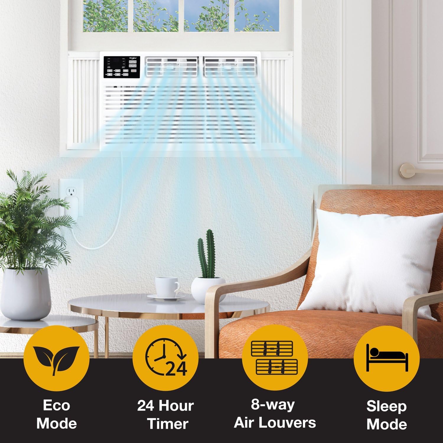Whirlpool 10,000 BTU Through the Wall Air Conditioner, 230V, Cools up to 450 Sq. Ft for Living Room, Bedroom, Kitchen, Apartment, with Dehumidifier, Remote Control, Digital Display, 24H Timer, White