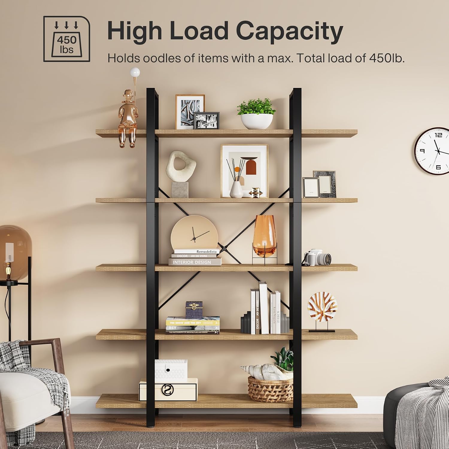Tribesigns 5-Tier Bookshelf, Vintage Industrial Style Bookcase 72 H x 12 W x 47L Inches (Beige)