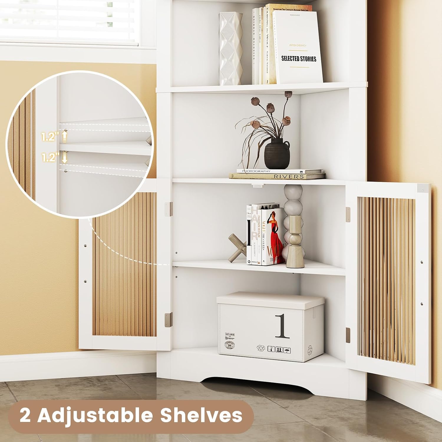 Giantex 67' Tall Corner Cabinet, Space-Saving Triangular Storage Cabinet w/ 4 Tempered Glass Doors, Adjustable Shelves, Freestanding Corner Shelf for Bathroom, Kitchen, Living Room (White)