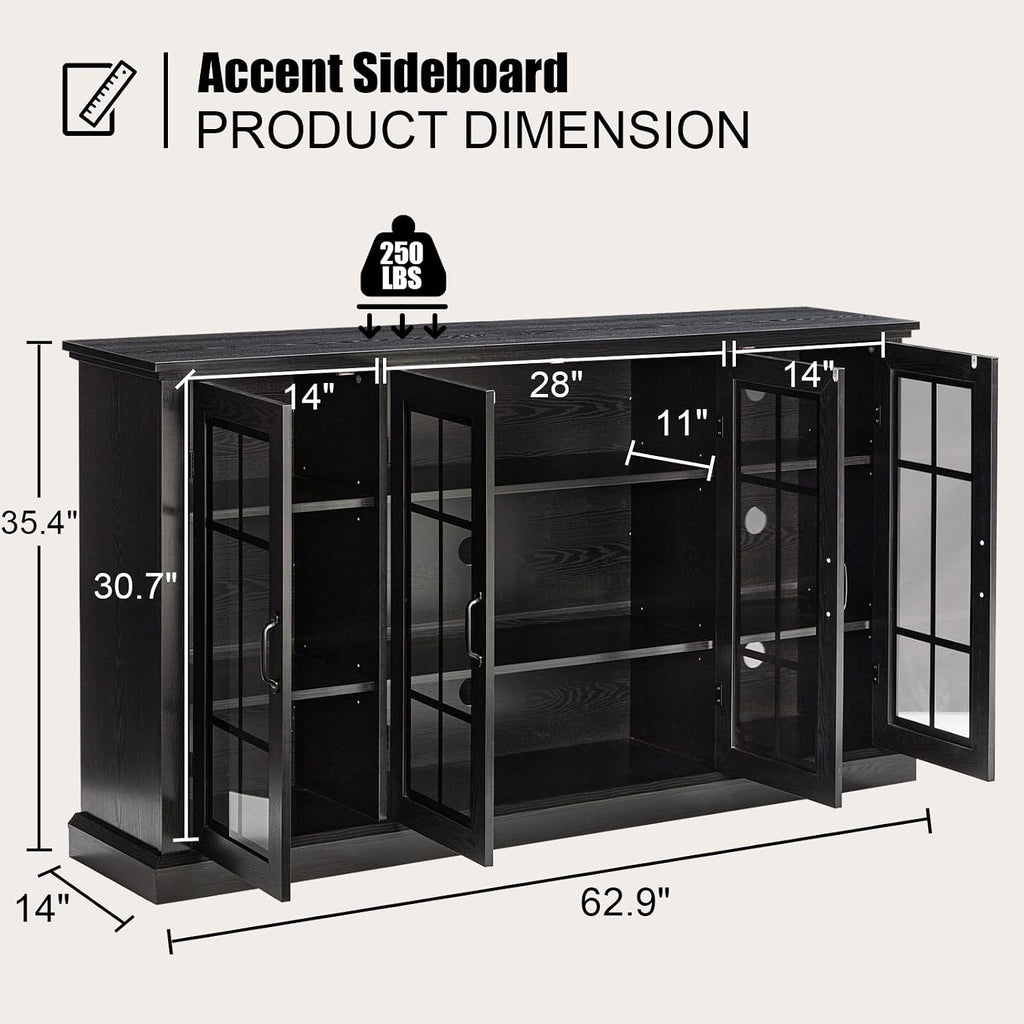 AMERLIFE 63' Sideboard, 6 Adjustable Shelves Sideboard Buffet Cabinet with 4 Doors, Accent Storage Credenzas for Dining Room, Living Room, Classic Black