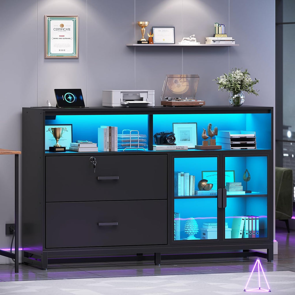 SEDETA 59' File Cabinet, 2 Drawers Filing Cabinets for Home Office fit Legal/Letter/A4 File, File Cabinet with Lock & Power Outlets, Printer Stand with Storage & LED Lights, Black