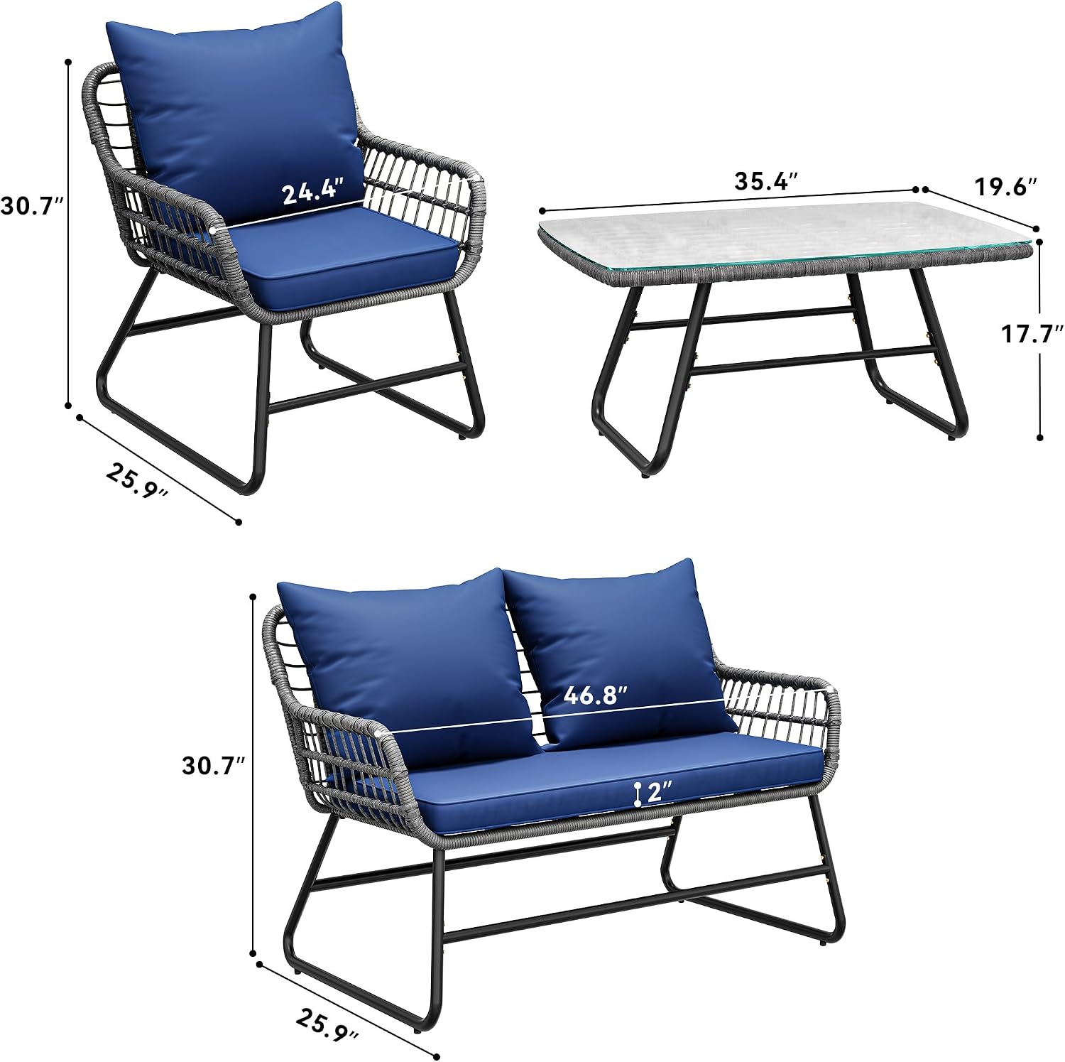 YITAHOME 4 Piece Patio Furniture Set, Wicker Outdoor Bistro Set, All Weather Rattan Patio Conversation Set with Soft Cushions and Glass Side Table for Backyard, Balcony, Deck - Navy Blue