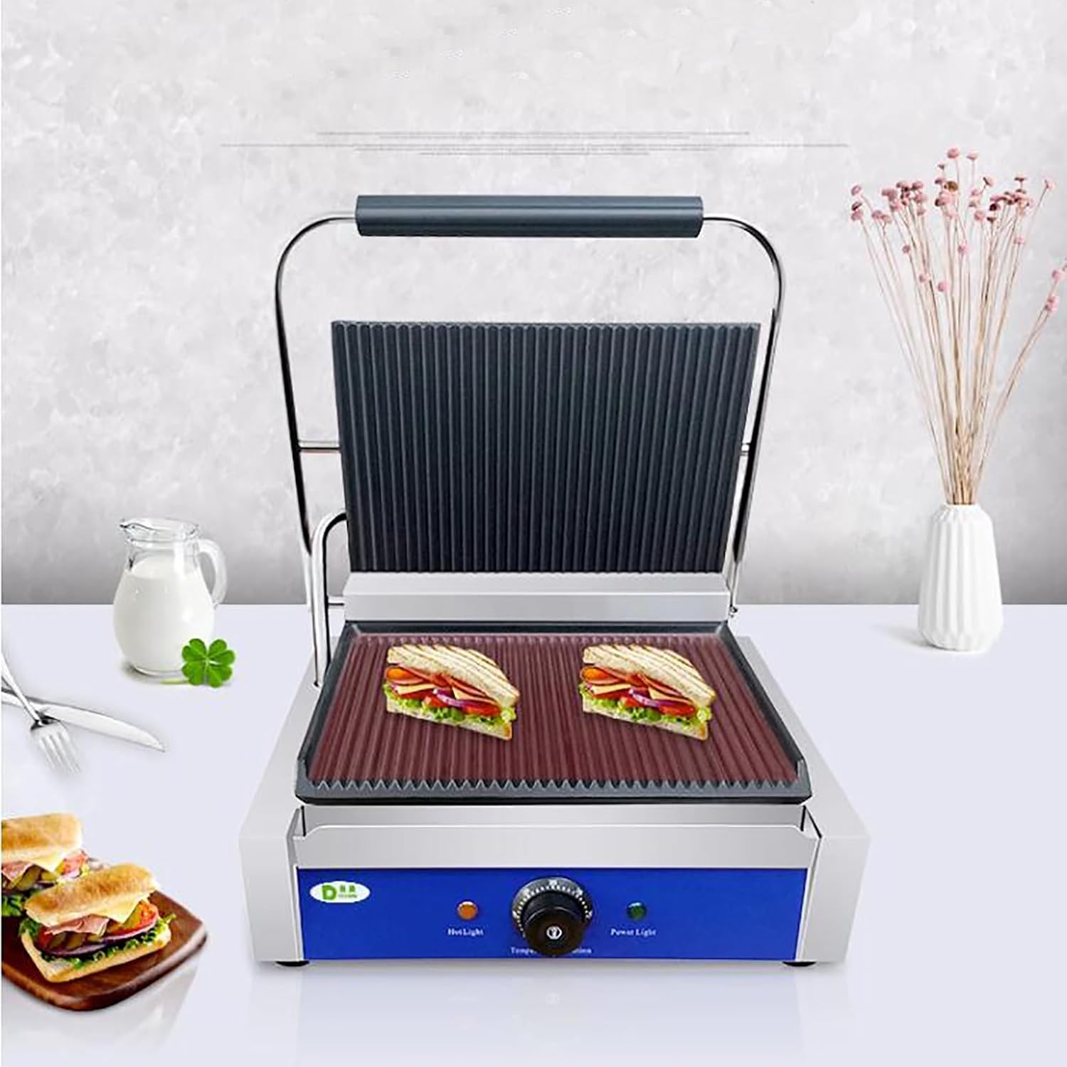 Nonstick Panini Press & Indoor Grill, Gourmet Sandwich Maker, Floating Hinge Fits All Foods, Contact Grill with Removable Grease Tray, Stainless Steel Electric Toaster 122-572℉