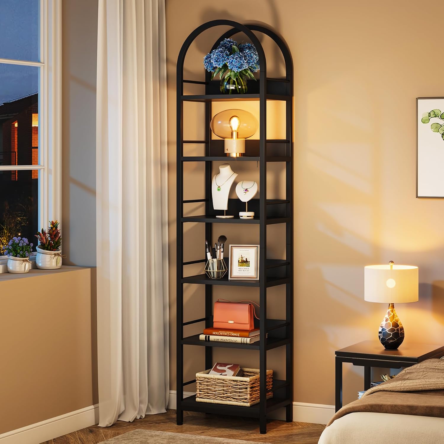 Tribesigns 6-Tier Open Bookshelf, 78.7' Tall Arched Bookcase Narrow Bookshelf with Metal Frame, Freestanding Corner Bookcase Display Shelves for Living Room, Home Office, Black