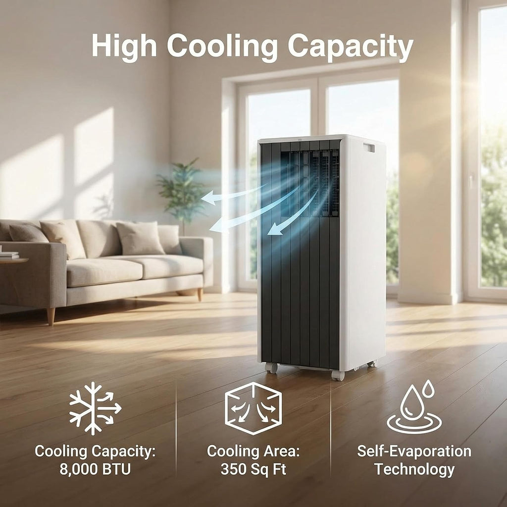 8,000 BTU Portable Air Conditioners, 3-in-1 Air Modes Up to 350 Sq, Portable AC Unit with Cooling, Fan, Dehumidifier, 24H Timer, Remote, Window Installation Kit, White, for Bedroom.