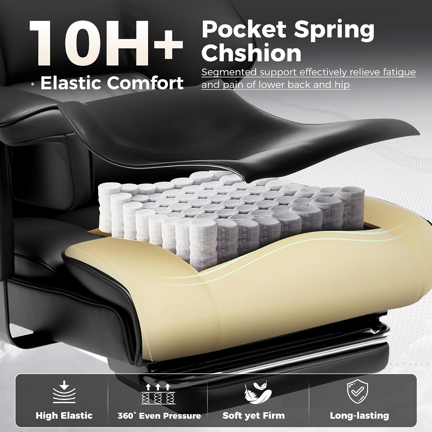 GTPLAYER Big and Tall Gaming Chair 400lbs Heavy Duty Office Chair with Foot Rest & Ergonomic Pocket Spring Cushion, High Back Lumbar Support for Lower Back Pain Relief, Ergo Black