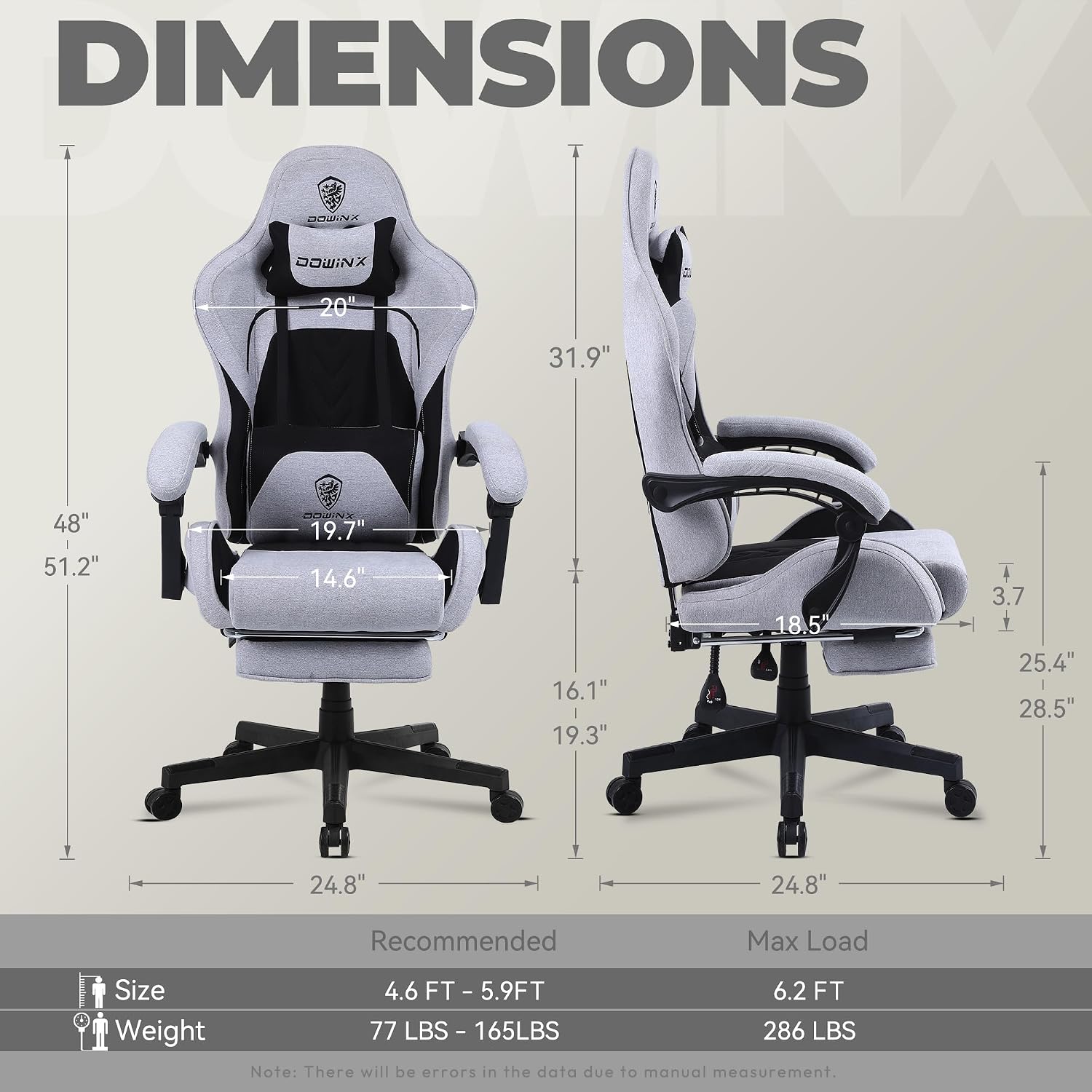 Dowinx Gaming Chair Fabric with Pocket Spring Cushion, Massage Game Chair Cloth with Headrest, Ergonomic Computer Chair with Footrest 290LBS, Black and Grey