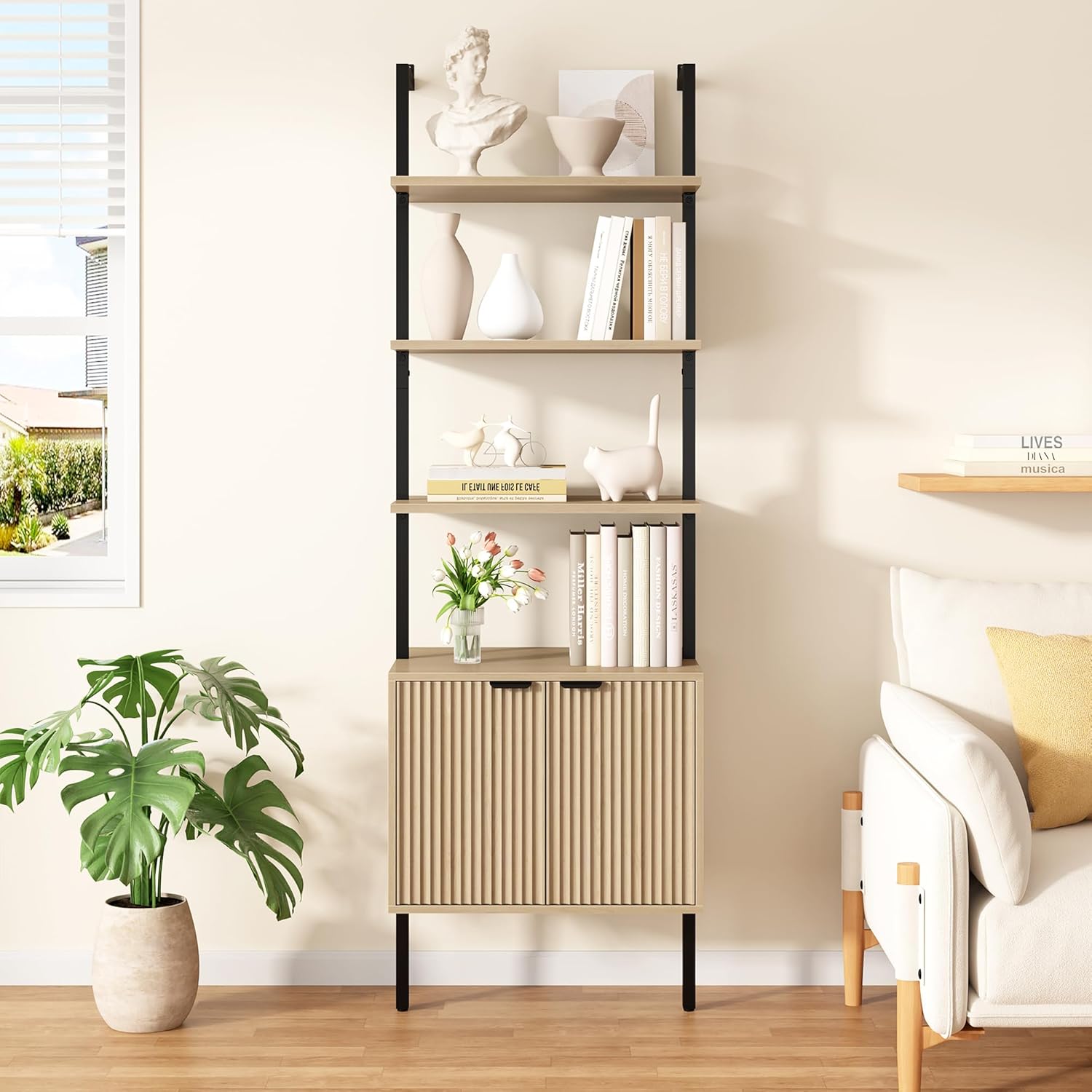 Yusong 73' Tall Bookshelf with Cabinet, Industrial Ladder Wall Mount Shelf Bookcase with Wood and Metal Frame, Plant Shelf Wall Storage Display for Living Room Bedroom, Wavy Light Ivory