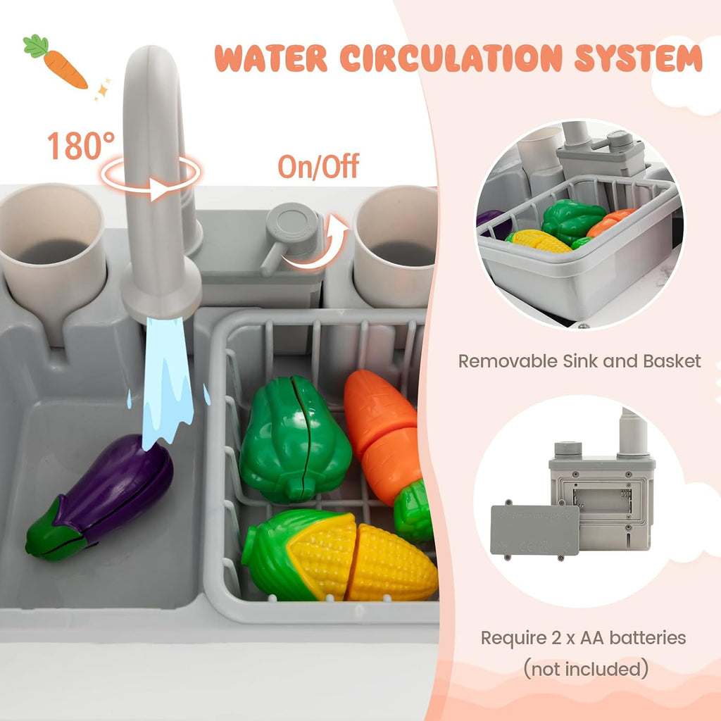 INFANS Kids Kitchen Playset with Real Running Water, Ultimate Wooden Corner Pretend Cooking Set with Simulation Light Sound Stove Storage Cabinet, Play Toy Gift