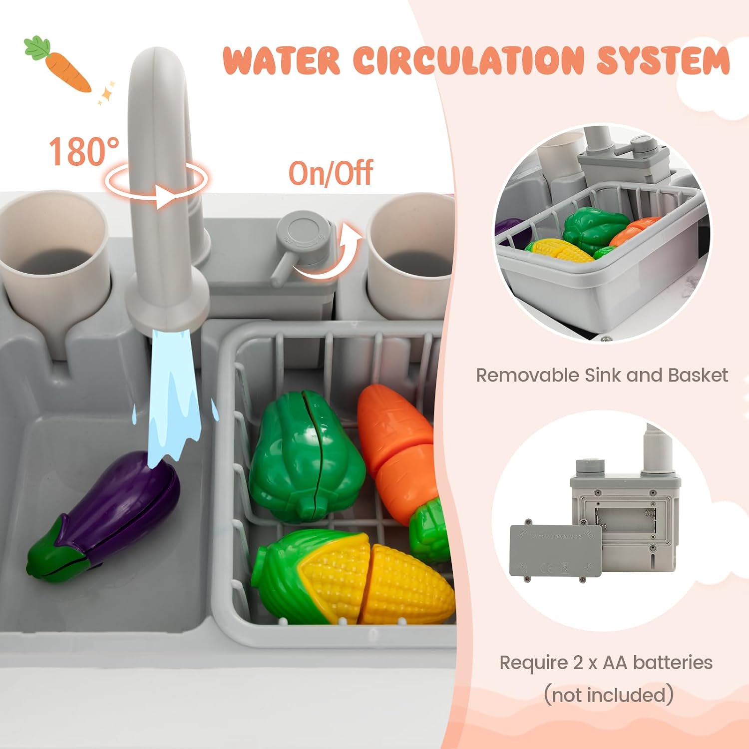 INFANS Kids Kitchen Playset with Real Running Water, Ultimate Wooden Corner Pretend Cooking Set with Simulation Light Sound Stove Storage Cabinet, Play Toy Gift