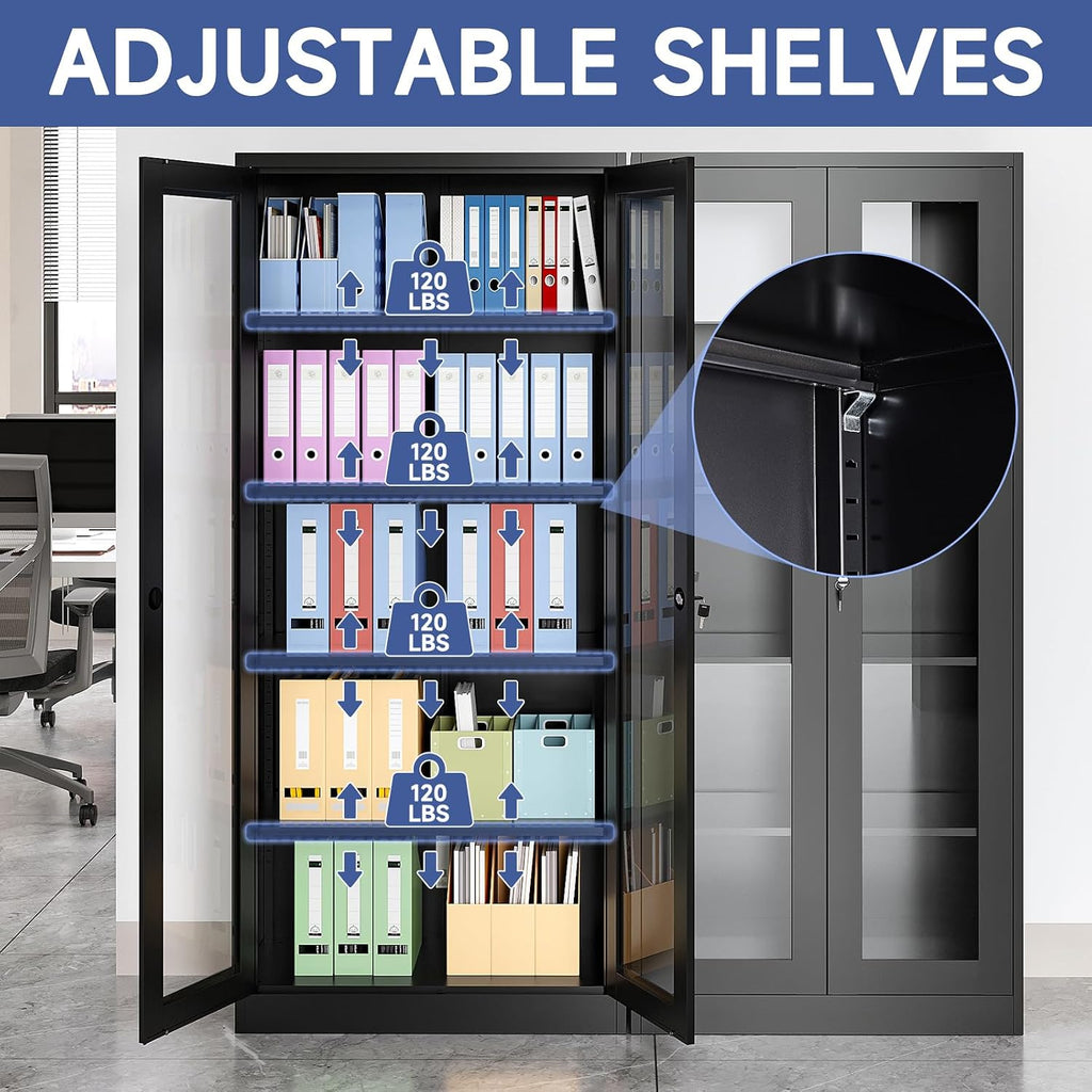 Display Cabinet with Glass Doors, Display Case Cabinet for Collectibles, Curio Display Cabinet with 4 Adjustable Shelves, 71'' Glass Display Cabinet for Home Office (Black), MSC-0818