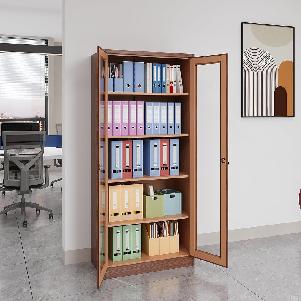 Display Cabinet with Glass Doors, Display Case Cabinet for Collectibles, Curio Display Cabinet with 4 Adjustable Shelves, 71' Glass Display Cabinet for Home Living Room (Wood Color)