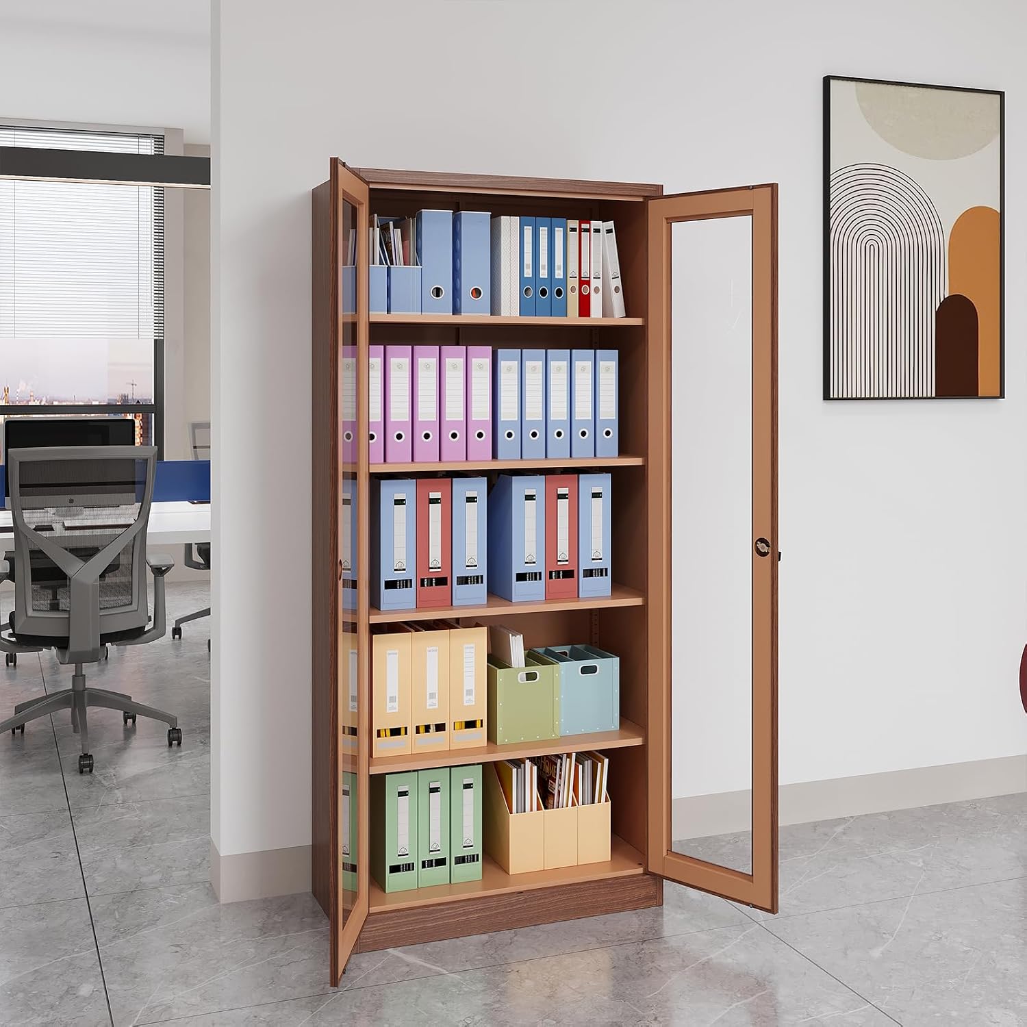 Display Cabinet with Glass Doors, Display Case Cabinet for Collectibles, Curio Display Cabinet with 4 Adjustable Shelves, 71' Glass Display Cabinet for Home Living Room (Wood Color)