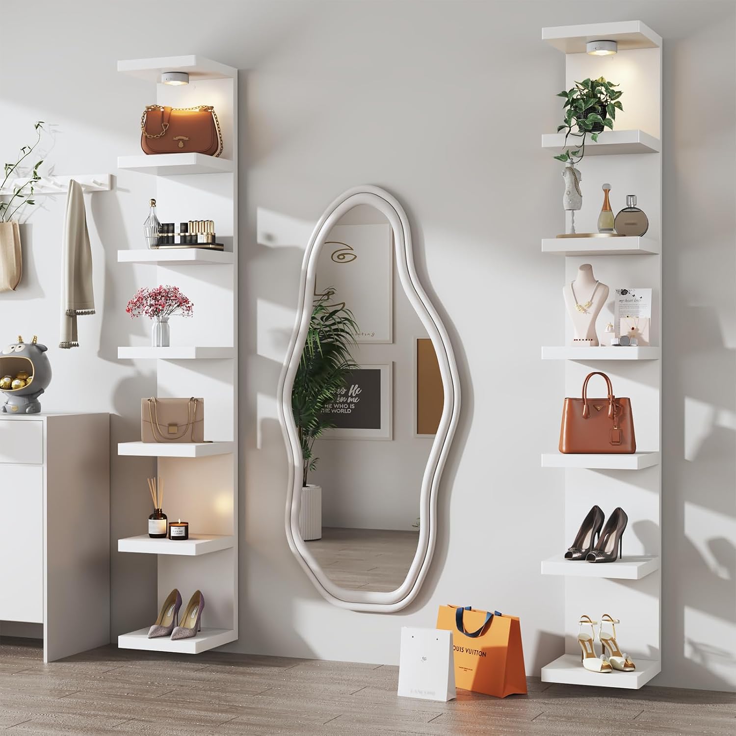2 Pack-7 Tier Vertical Wall Shelf Unit with USB Rechargeable LED Light (Remote Controlled),Floating Lack Shelf,Versatile Display Shelves for Home Storage, Decor,Vanity-White
