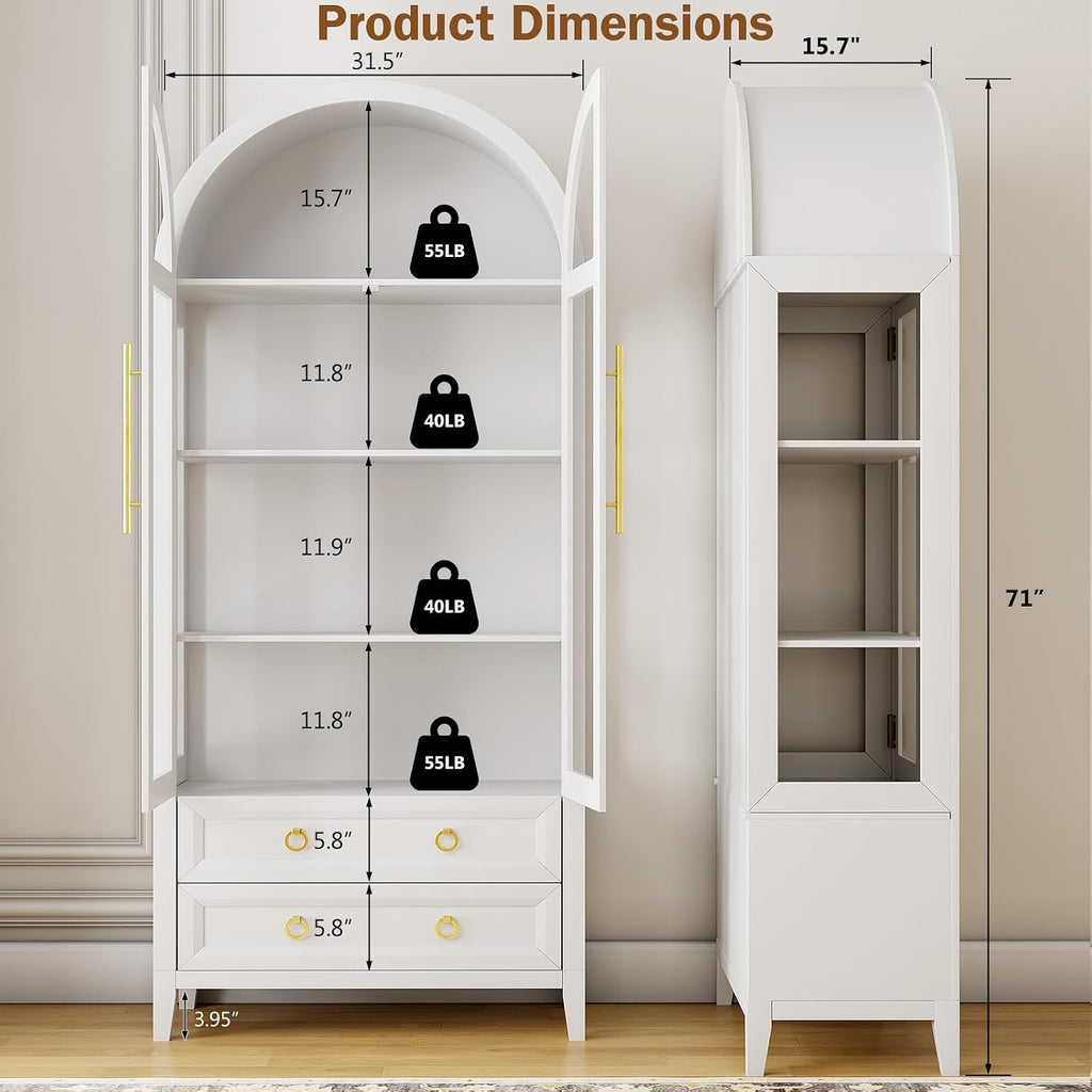LVSOMT 71' Tall Arched Storage Cabinet with Glass Doors and Drawers, Curio Display Cabinet with Adjustable LED Light & Human Sensor, 4-Tier China Cabinet for Living Room(White)