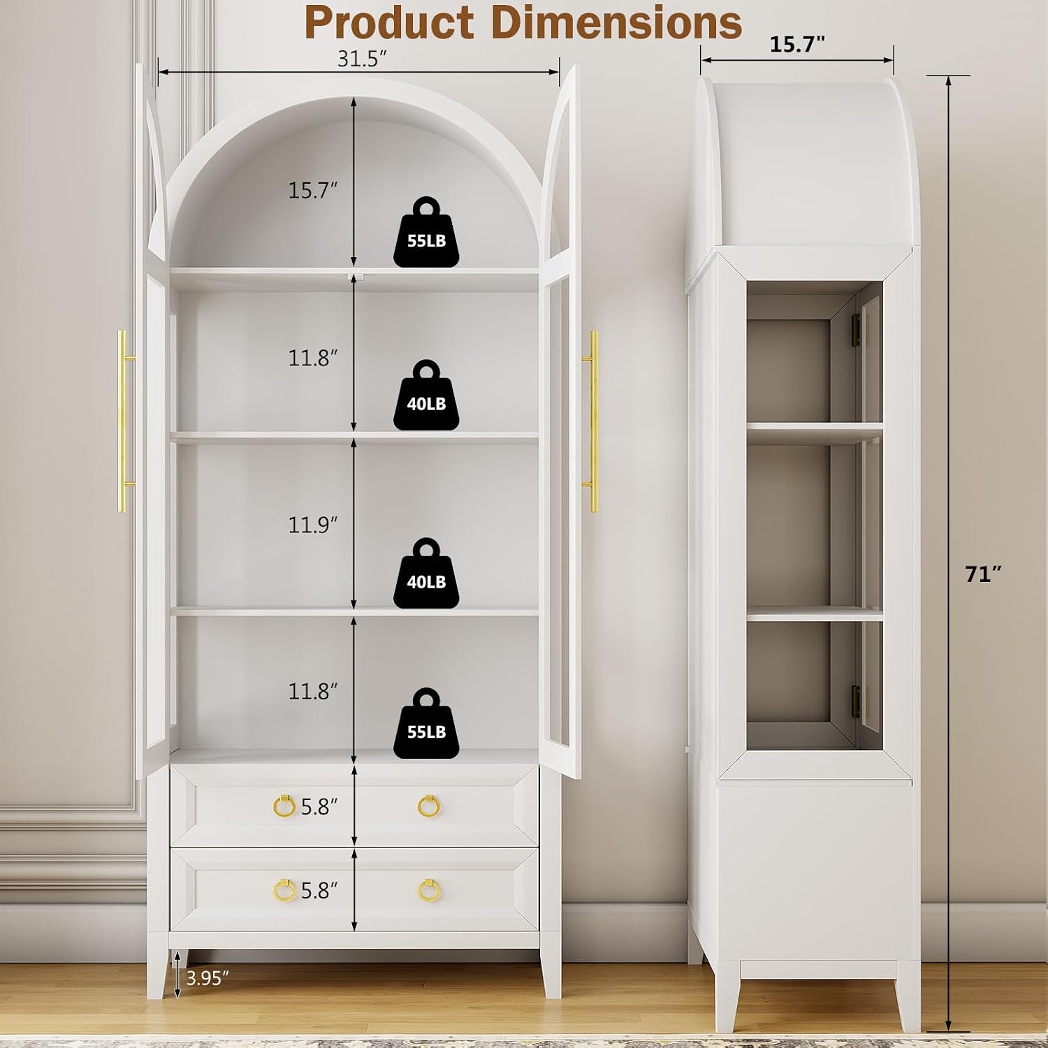 LVSOMT 71' Tall Arched Storage Cabinet with Glass Doors and Drawers, Curio Display Cabinet with Adjustable LED Light & Human Sensor, 4-Tier China Cabinet for Living Room(White)