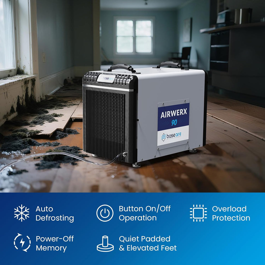 BASEAIRE 198 Pints Energy Star Crawl Space Commercial Dehumidifier, 5 Years Warranty, Large Industrial Water Damage Equipment for Basement, Garage and Job Sites, AirWerx 90
