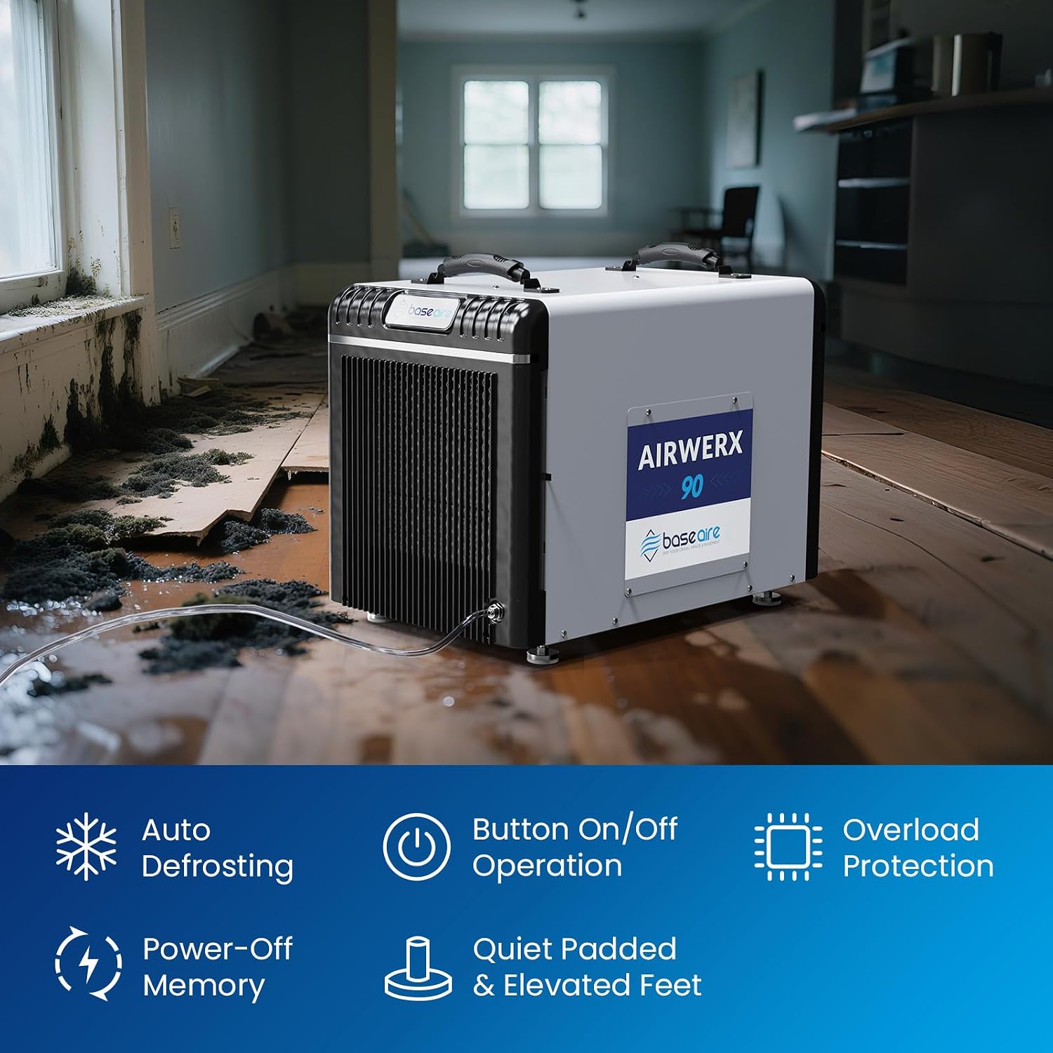 BASEAIRE 198 Pints Energy Star Crawl Space Commercial Dehumidifier, 5 Years Warranty, Large Industrial Water Damage Equipment for Basement, Garage and Job Sites, AirWerx 90