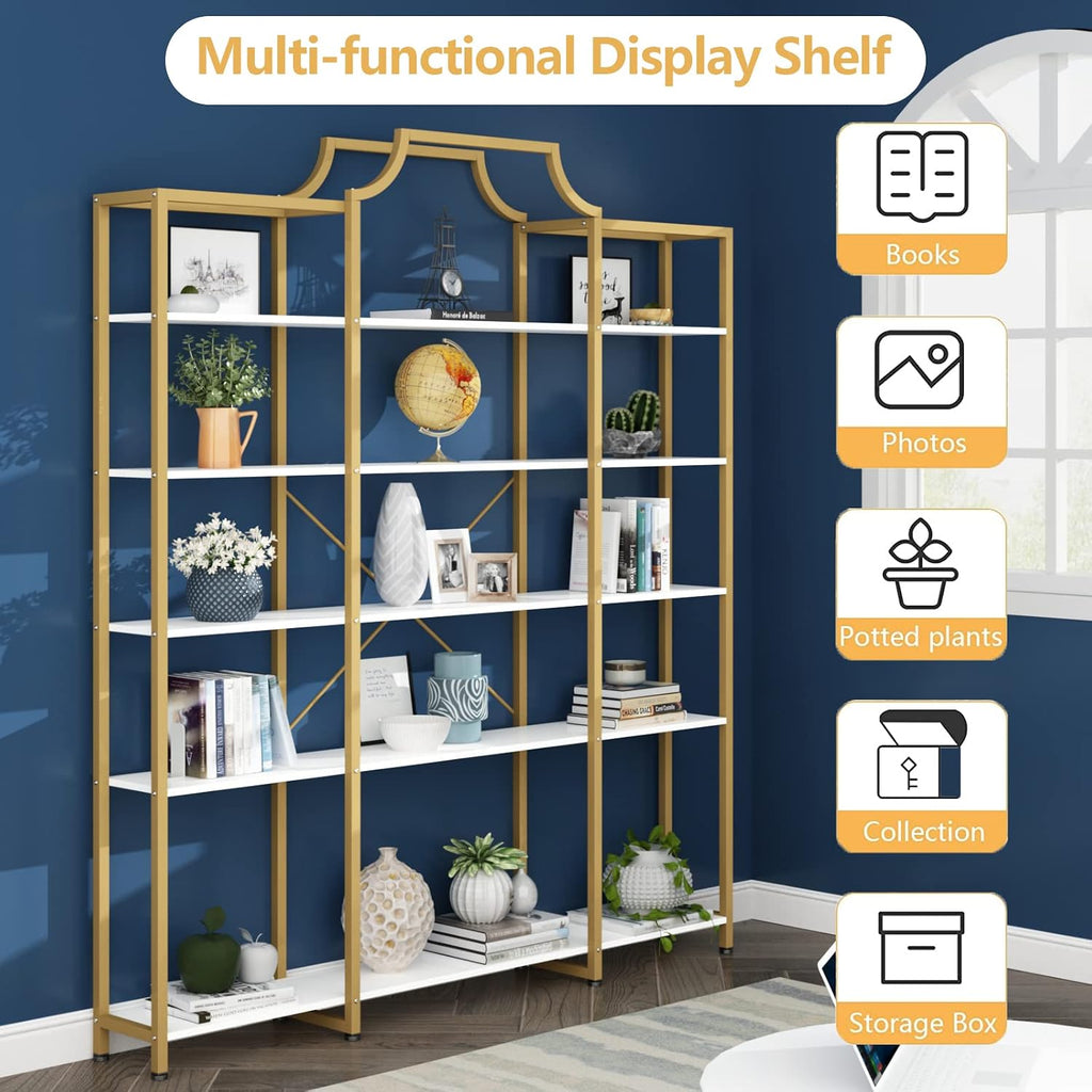 Auromie Triple Wide 5-Tier Bookshelf, 70.87' L x 79.13' H Extra Large Gold Bookcase, Tall Display Shelf with Metal Frame, Freestanding Etagere Storage Display Shelf for Home Office, White Gold