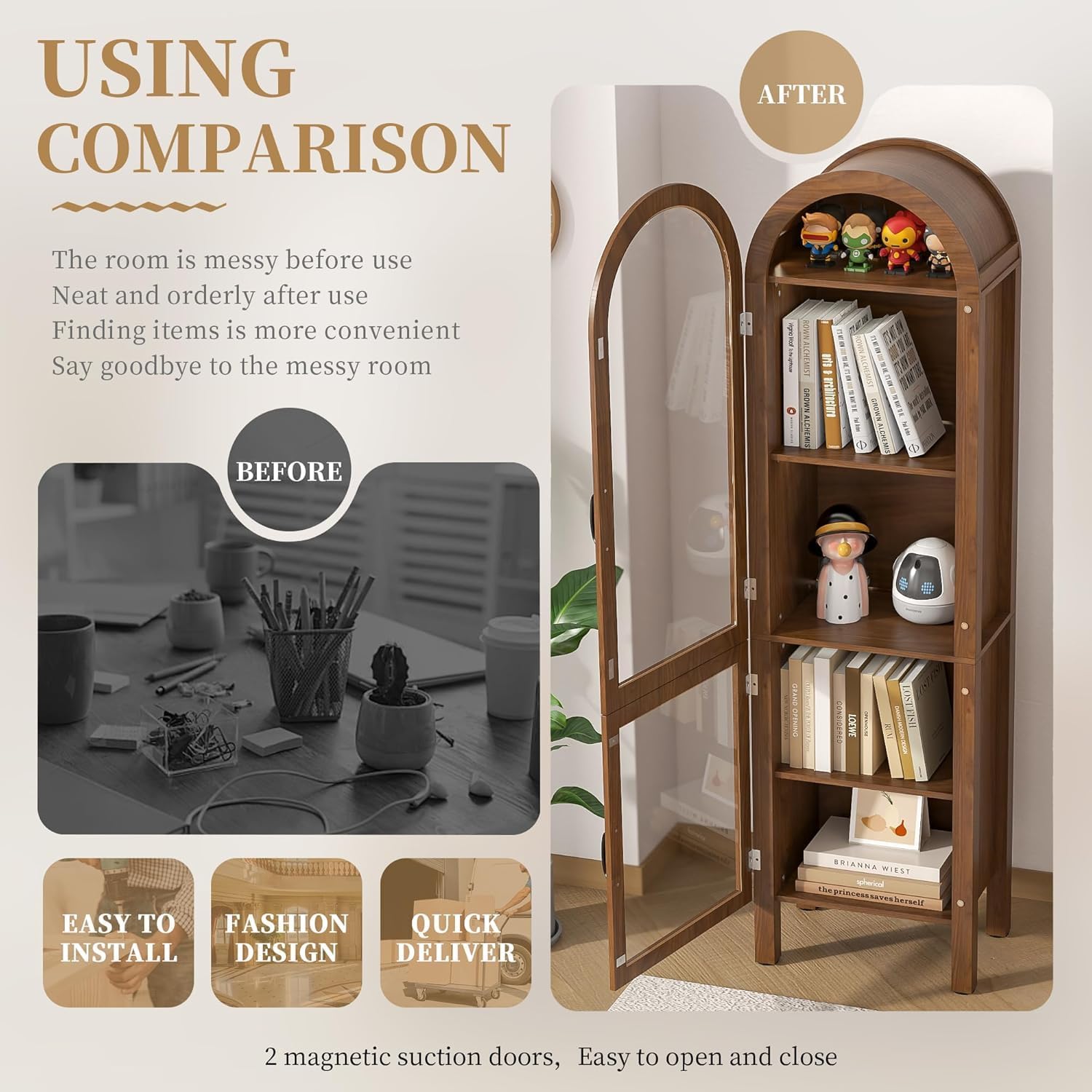 Lxsxlome 64.17 in Tall Arched Display Cabinet with Acrylic Glass Doors 5-Tier Kitchen Pantry Storage Cabinets Modern Wood Curio Cabinet Bookcase for Living Dining Room (Walnut, 16.92''W)