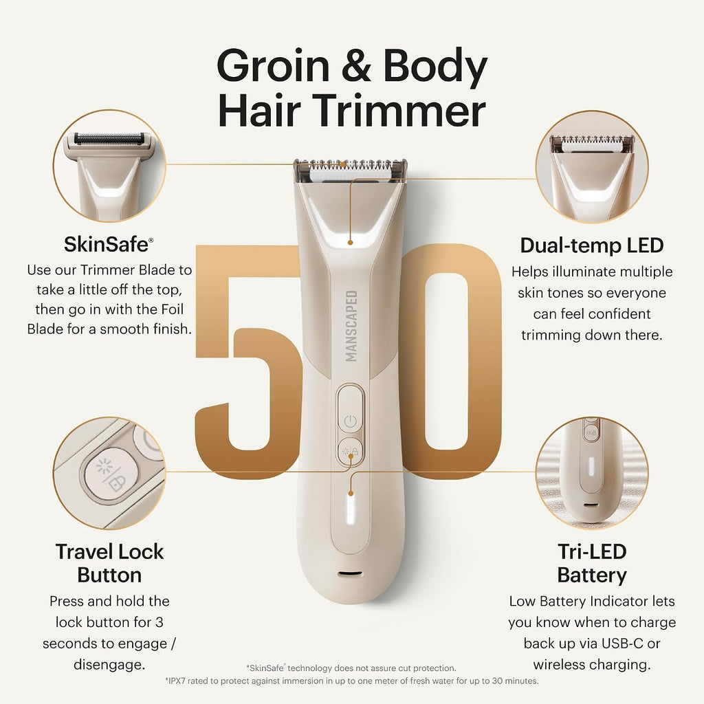 MANSCAPED® The Lawn Mower® 5.0 Ultra Groin & Body Hair Trimmer – Dual-Head SkinSafe® Trimmer & Foil Blades, Waterproof Groomer, USB-C Rechargeable with Travel Case, Men's Ball Shaver, Desert Sand