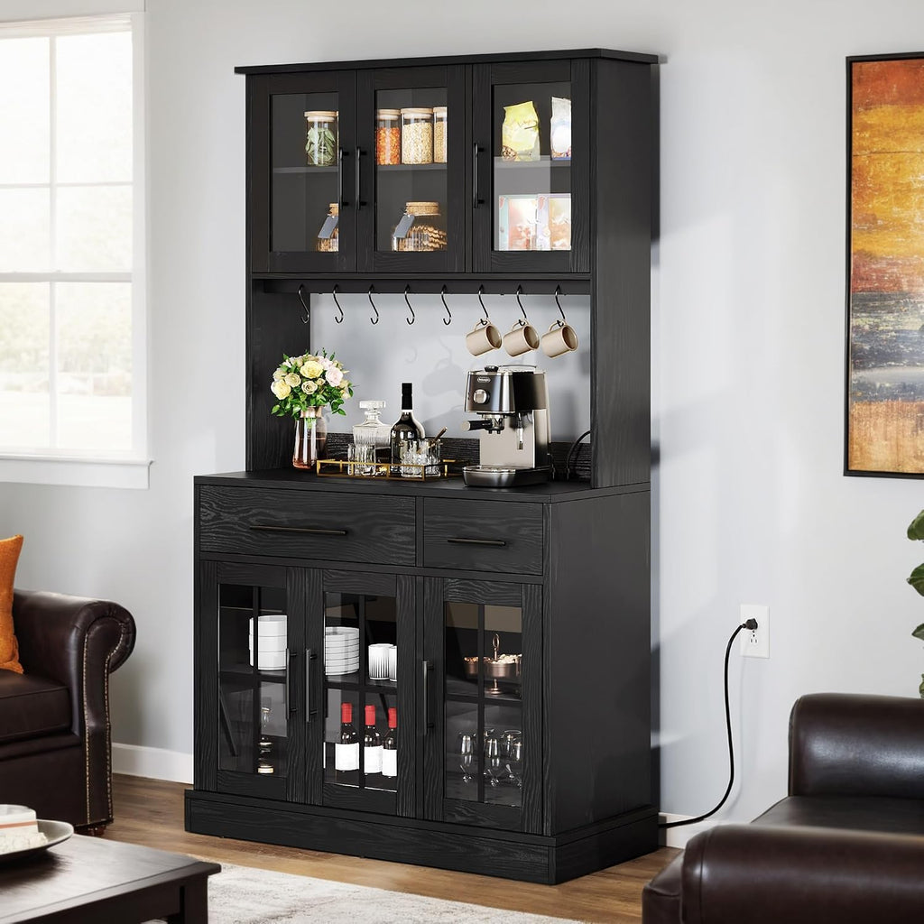DWVO 2-Pack Kitchen Pantry Storage Cabinet Set, 71'' Tall Coffee Bar Cabinets with Microwave Stand and Power Outlet, Glass Door Kitchen Hutch with Drawers ＆ Shelves for Home Living Dining Room, Black