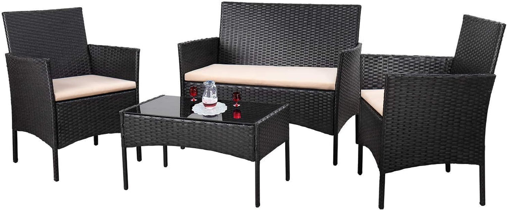 Homall 4 Pieces Outdoor Patio Furniture Sets Rattan Chair Wicker Set,Outdoor Indoor Use Backyard Porch Garden Poolside Balcony Furniture (Black and Beige)