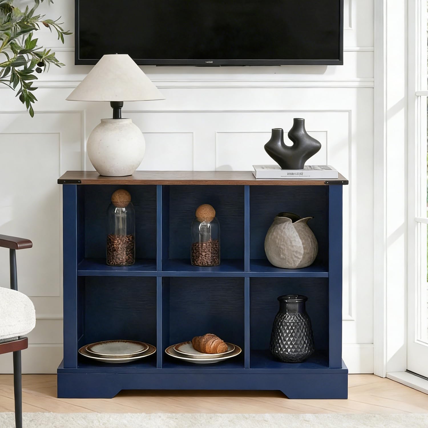 6 Cube Storage Organizer with LED Lights, Wooden Cube Bookcase with Back Panel, Blue Cube Shelf Freestanding Bookshelf, Hallway TV Stand for Living Room, Bedroom, Office