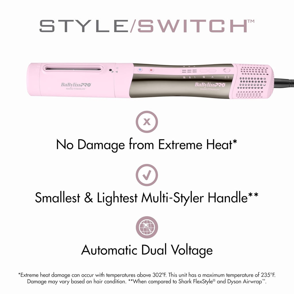 BaBylissPRO StyleSwitch Ionic Multi-Styler, Air Styler and Hair Dryer, Lightweight Hot Air Brush with 5 Attachments, Automatic Dual Voltage