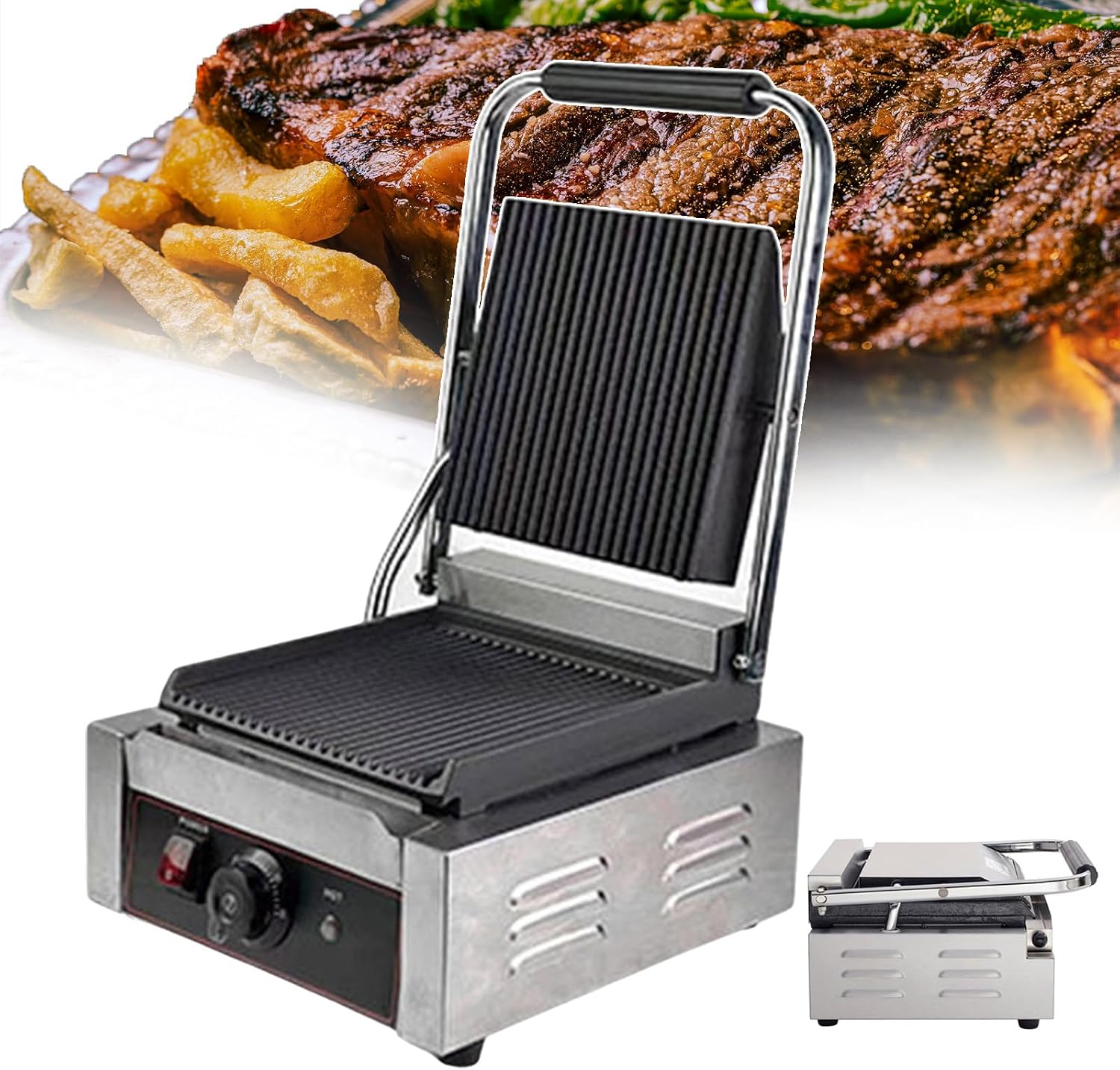 Commercial Sandwich Grill Electric Contact Grill For Home Or Restaurant Use,Single Plates Grill Countertop Sandwich Press With Tempe Control 50-300℃,grooved
