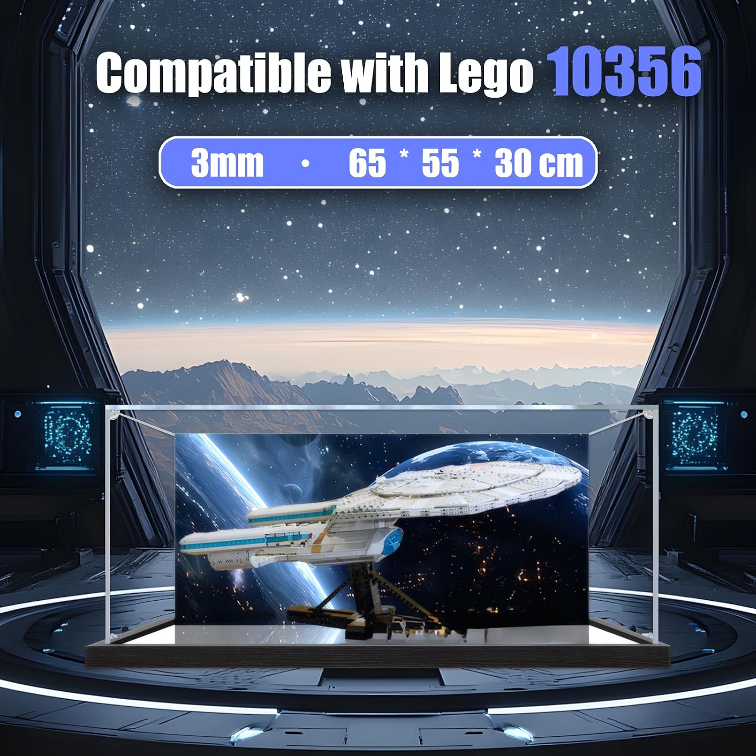 Acrylic Display Case for Star Trek: U.S.S. Enterprise NCC-1701-D for Lego 10356, Transparent Dustproof Storage Box (Model Not Included) (Background Build + Mirror)