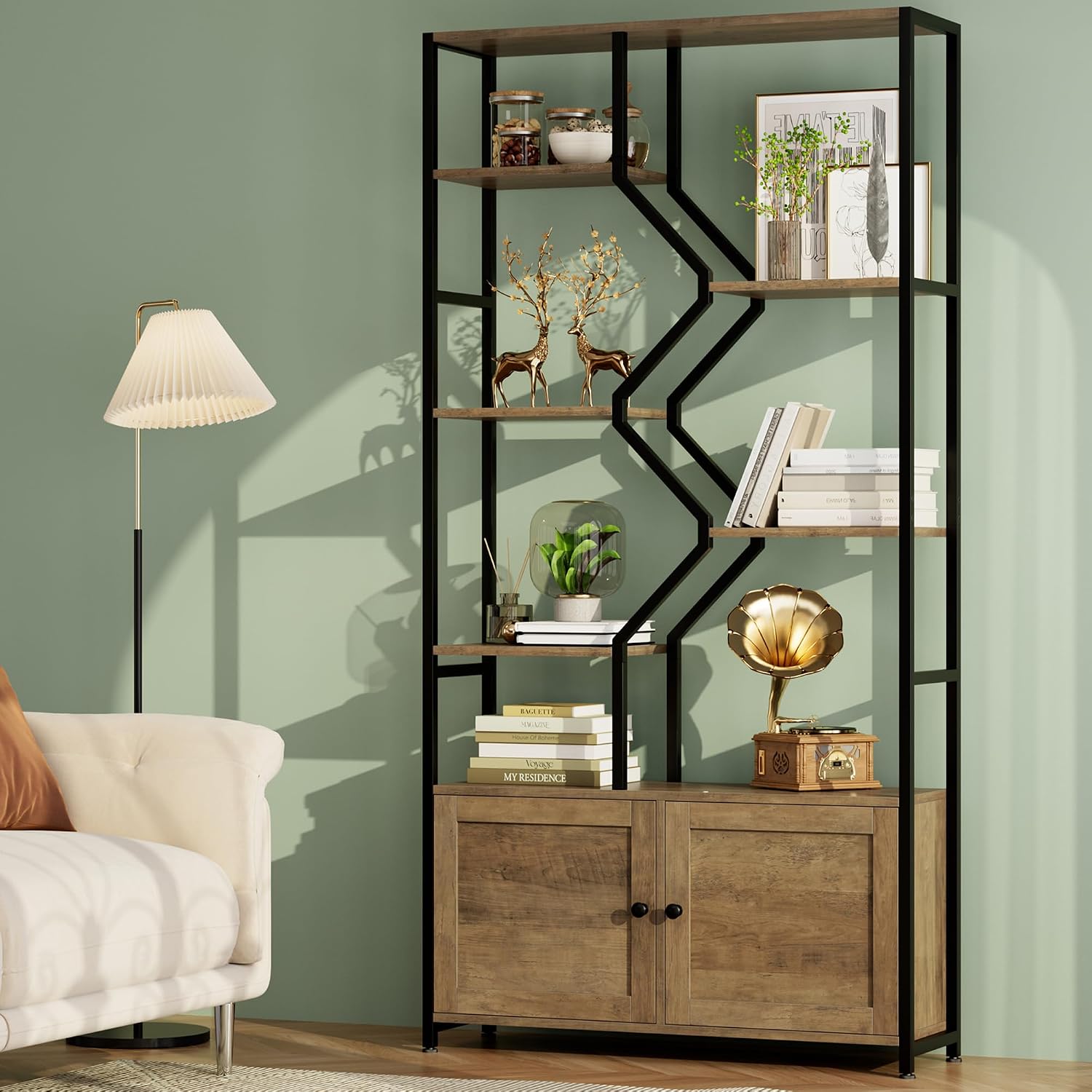76' Tall Shelf with Storage Cabinet Doors, 6 Tier Open Bookshelf for Multi-use Display, Staggered Book Shelf Etagere Bookcase for Home Office/Living Room, Deep Metal & Wood Accent Shelf, Rustic Brown
