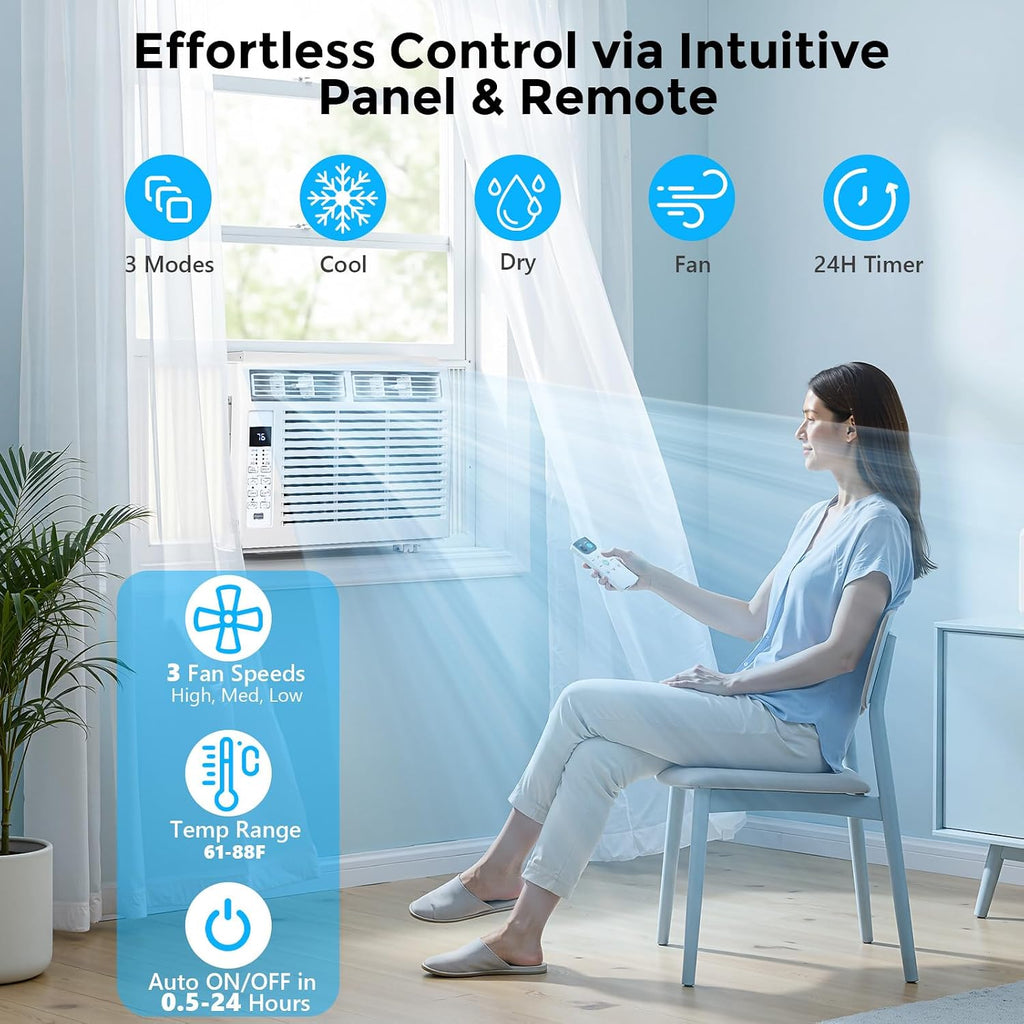 Electactic Window Air Conditioner 6,000 BTU, Window Type AC Unit with Cooling, Dry Mode, 4 Fan Speeds, 24-H Timer, Sleep Mode, Cooling for 250sq.ft Bedroom, Living Room, Office