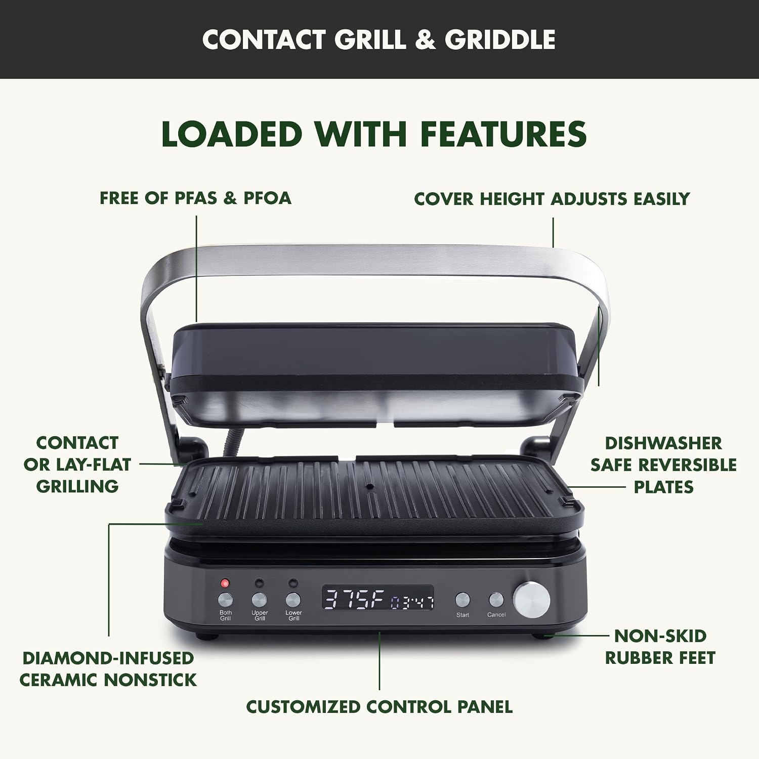 GreenPan 6-in-1 Multifunction Removable Plate Indoor Grill & Electric Griddle, Diamond Infused PFAS Free Ceramic Nonstick Reversible Plates, Opens Flat, Adjustable Temp, Panini Press, Black