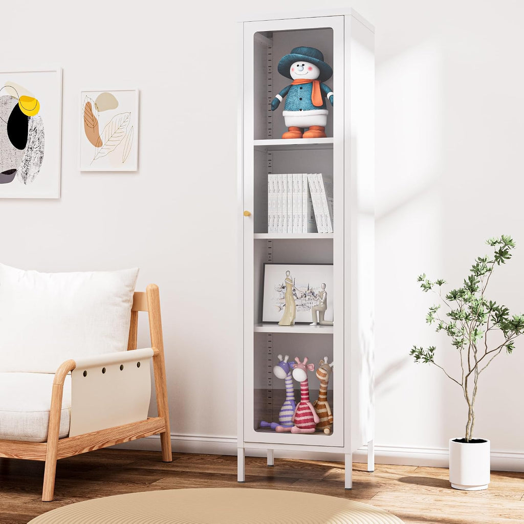 Foreate Cabinet with Glass Door, 4-Tier Curio Cabinet, Glass Display Cabinet with Adjustable Shelves, Metal Storage Display Case, Tall Bookcase for Kitchen Living Room Office, White
