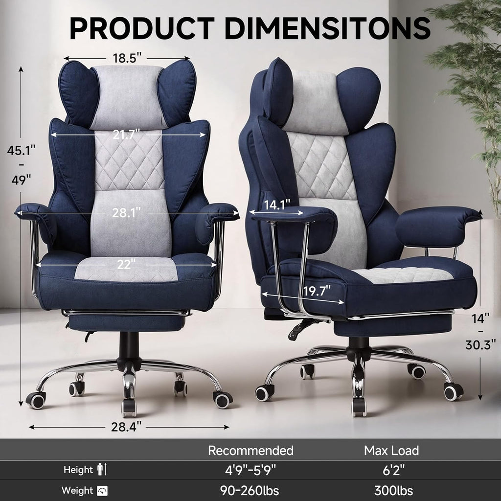 GTPLAYER Gaming Chair,Office Chair with Pocket Spring Lumbar Support, Ergonomic Comfortable Wide Office Desk Computer Chair with Outward Fixed Soft Armrests and Footrest (Fabric, Dark Blue & White)