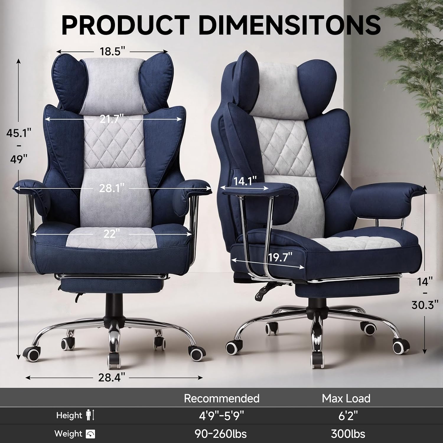 GTPLAYER Gaming Chair,Office Chair with Pocket Spring Lumbar Support, Ergonomic Comfortable Wide Office Desk Computer Chair with Outward Fixed Soft Armrests and Footrest (Fabric, Dark Blue & White)
