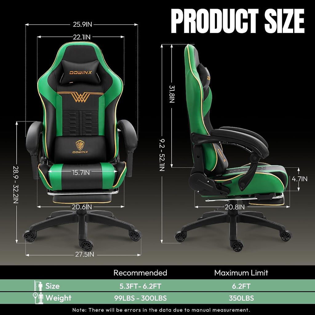 Dowinx Big and Tall Gaming Chair 350LBS, Racing Style Ergonomic Computer Chair with Side-Mounted Recline Control, Footrest & Massage Lumbar, High Back Chair with Embroidered Design for Work, Green