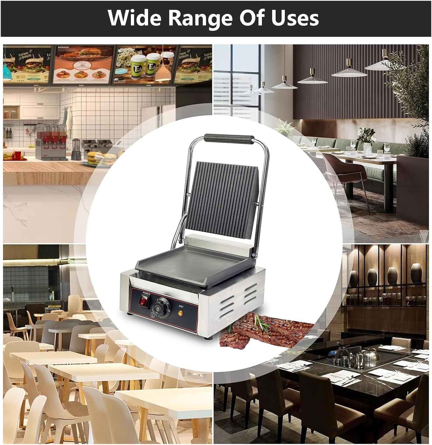 Commercial Sandwich Grill with 1/Fish Scaler & 1/Corkscrew, Electric Sandwich Contact Grill Non-Stick Sandwich Press with 50-300℃ Temperature for Restaurant 1800w(Grooved/Smooth)