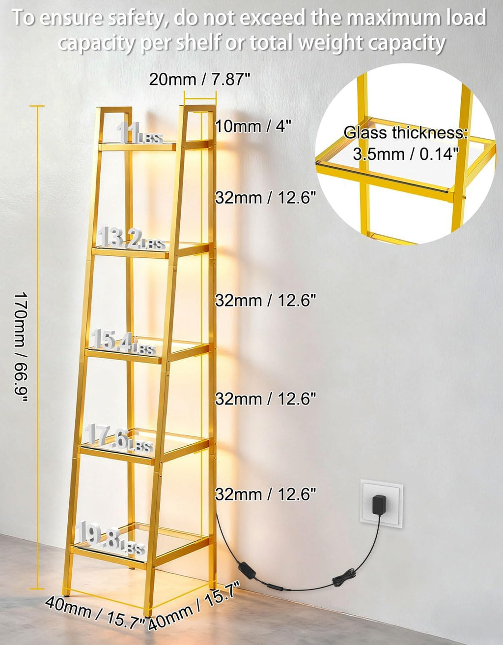 5-Tier Glass Display Shelf with RGB Light, 67' Ladder Bookshelf, Music Sync & 3 CCT, Dimmable App/Remote, Modern Freestanding Corner Storage Rack, Metal Organizer for Living Room Home Office, Gold