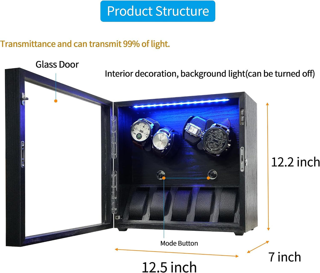 Oryx Watch Winder for 4/6/9 Automatic Watches, Rotating Watch Box 5 Rotation Modes Setting Display Case with Extra Watch Storages and LED Light, Lockable Winders USB Powered Super Quiet Mabuchi Motor