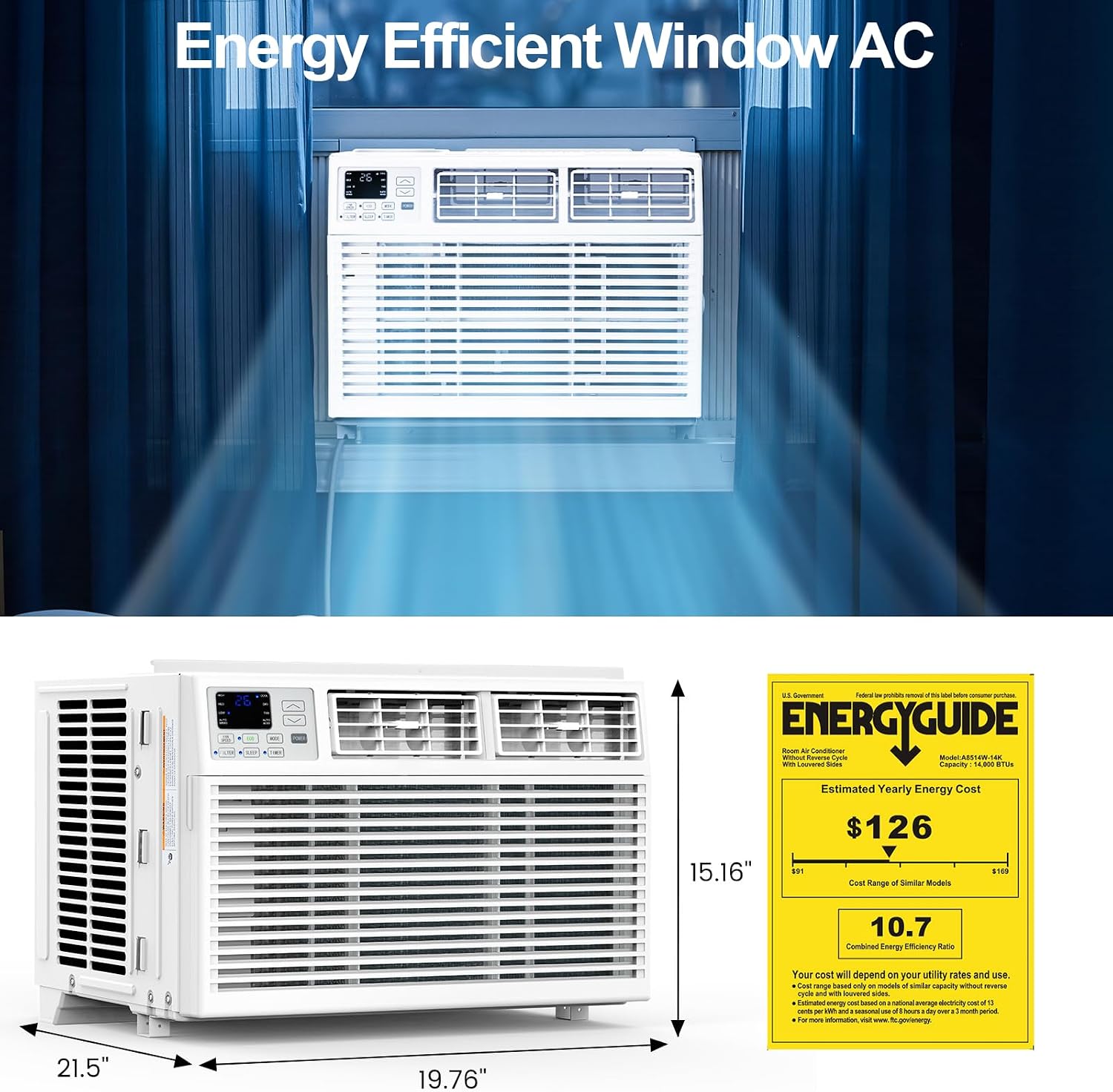 Electactic Window Air Conditioner, 14000 BTU Window AC Unit, Cooling Room 700sq.ft, Fast Cooling, 24H Timer,Dehumidifier Mo, Energy Saving, Remote Control for Living Room, Bedroom, Office