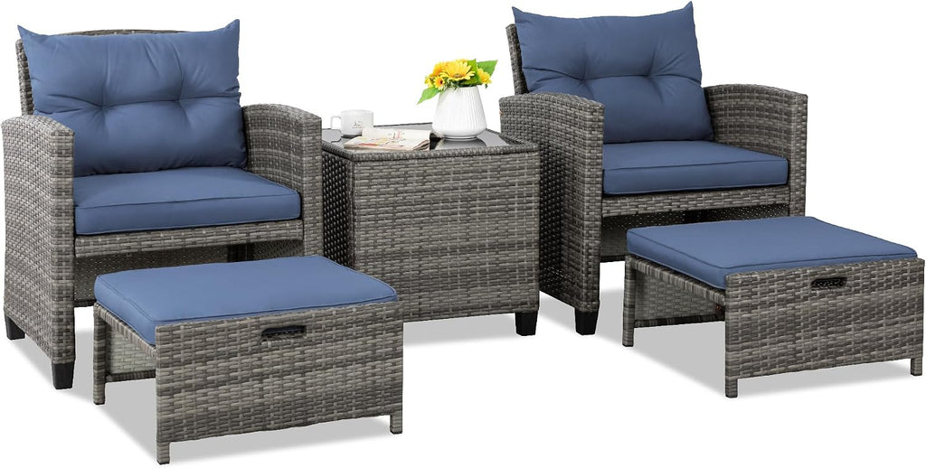 Shintenchi 5 Pieces Patio Furniture Set, Outdoor Wicker Patio Conversation Set with Ottoman, All Weather Rattan Outside Chairs with Coffee Table & Cushion for Porch, Garden, Backyard, Navy