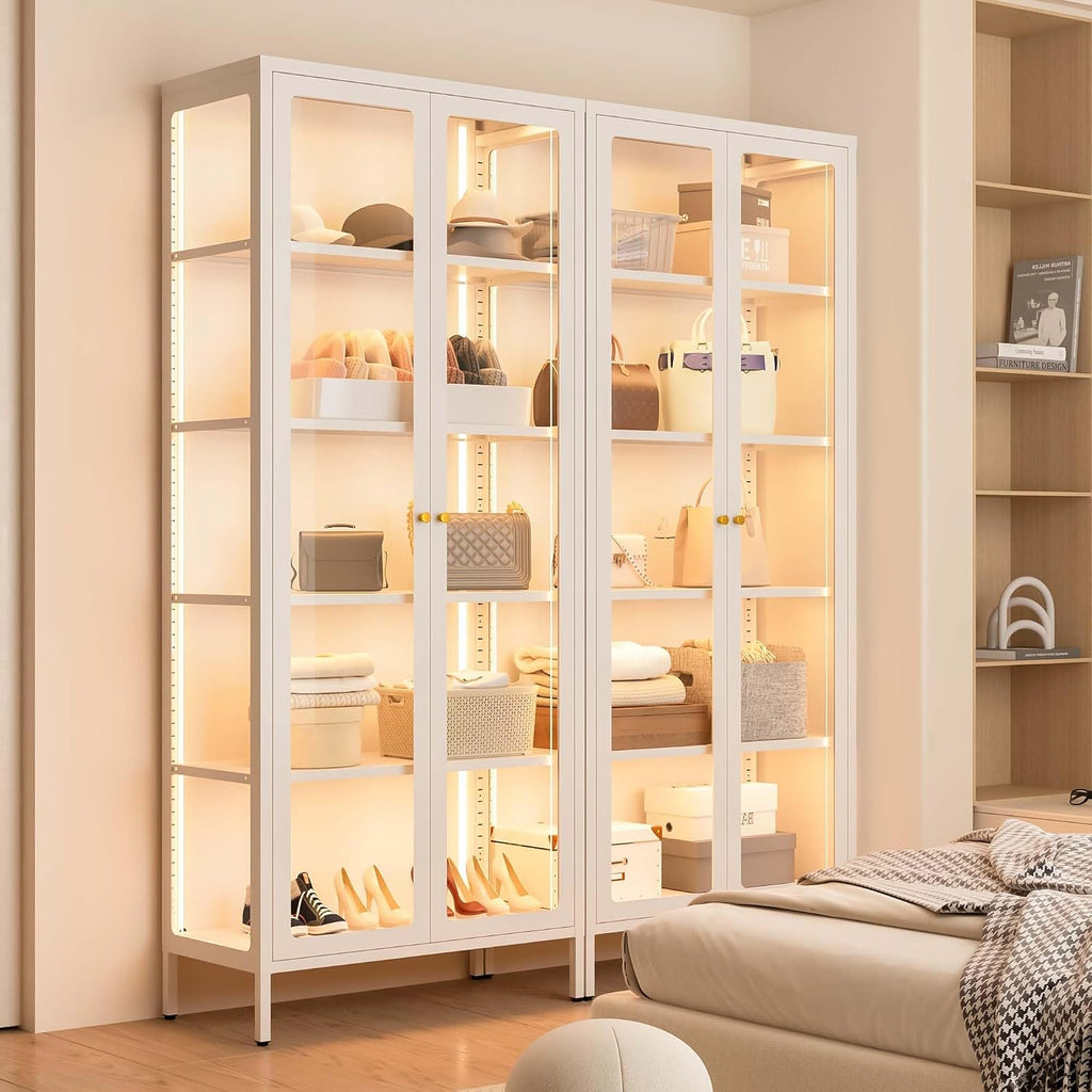 5 Tier Glass Display Cabinet with 13 Color LED Lights, 67' Lighted Curio Cabinet with Glass Doors & Adjustable Shelves, Tall Metal Display Case for Collectibles Figures- White