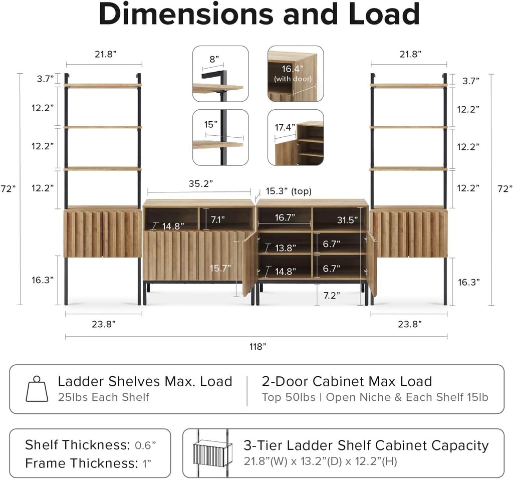 mopio Norwin 4 Piece Entertainment Center with Storage, 70' TV Stand, Industrial Modern Television Accent Cabinet, Oak Wood Media Console Table with 3-Tier Shelf Bookcase (3-Tier Cabinet Set)