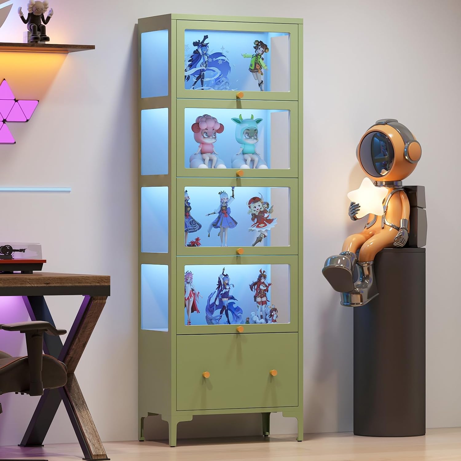 Display Cabinet with Glass Doors, 67' Metal Curio Cabinet with Drawer & 13-Color RGB LED Lights, 5-Tier Glass Display Case for Collectibles, Figure, Toys, Books, Green