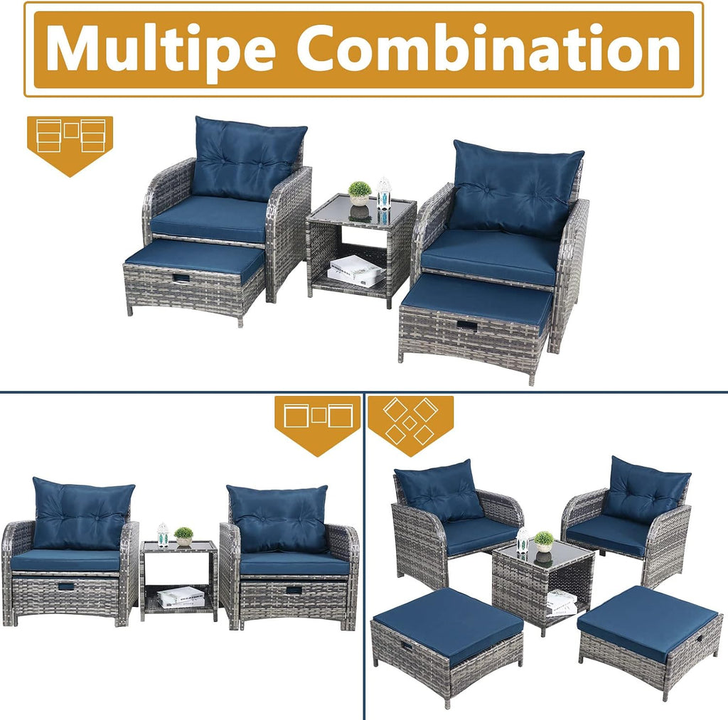 5 Pieces Wicker Outdoor Patio Chairs with Ottomans, All Weather PE Rattan Outdoor Conversation Set Bistro Patio Furniture Set with Hidden Ottoman for Porch Backyard Balcony, Blue