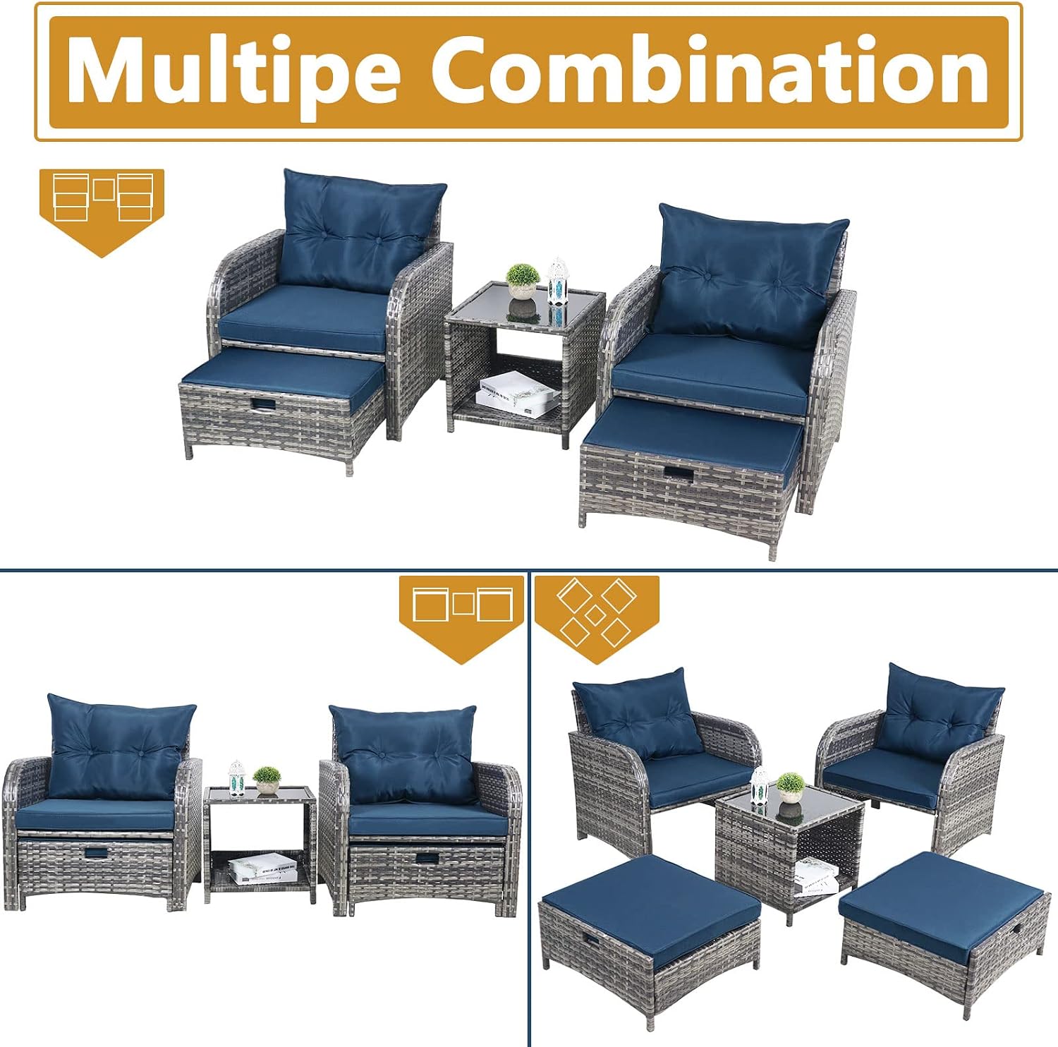 5 Pieces Wicker Outdoor Patio Chairs with Ottomans, All Weather PE Rattan Outdoor Conversation Set Bistro Patio Furniture Set with Hidden Ottoman for Porch Backyard Balcony, Blue