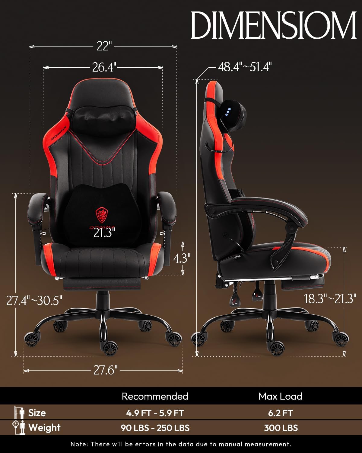 Dowinx Gaming Video Gaming Chair with Shiatsu Neck Massage and Lumbar Support for Home Office High Back Recliner Height Adjustable Ergonomic Comfy Leather Computer Desk Chair (Red)